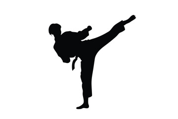 Confident Asian woman showcases kickboxing prowess with focus and precision in a clean monochrome style