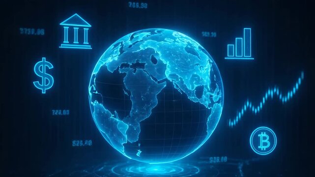 A digital representation of the globe showcasing financial data and cryptocurrency. - Powered by Adobe