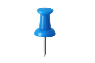 Fototapeta premium Blue push pin for office stationery, thumbtack pointing direction, holding paper, transparent background creating space