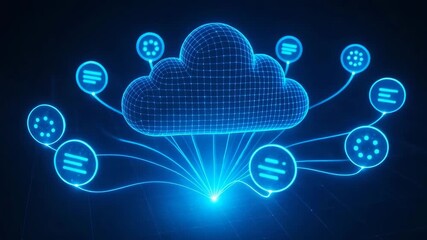 Digital cloud computing network with connected data icons and blue glowing effects. - Powered by Adobe