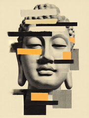 Graphical Buddha Head, Fragmented and isolatable, modern collage antique sculpture, 