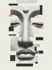 Graphical Buddha Head, Fragmented and isolatable, modern collage antique sculpture, 