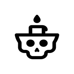 Illustration of a stylized skull with circular eyes and a candle on top in black and white color scheme