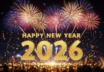 Vibrant fireworks celebrate happy new year 2026 in spectacular night sky display