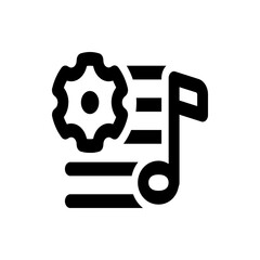 Black and white icon showing a gear, horizontal lines, and a music note, representing settings and music