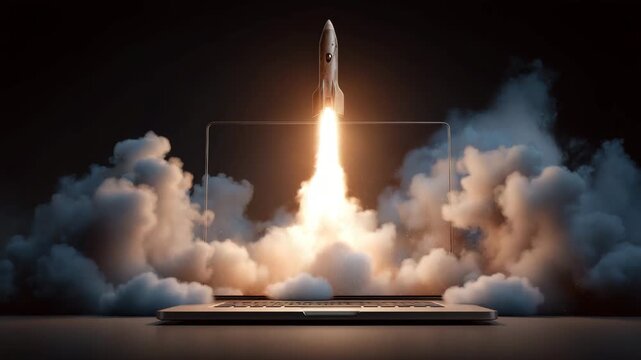 Rocket launching from laptop screen concept of startup innovation technology growth and digital success - Powered by Adobe