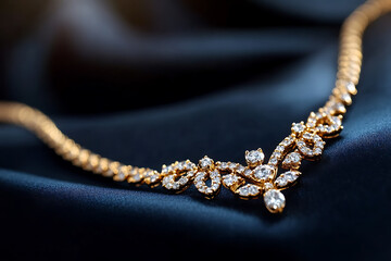 Exquisite gold necklace with delicate floral designs adorned with sparkling gemstones, resting elegantly on a luxurious dark blue satin background. A timeless jewel, classic.