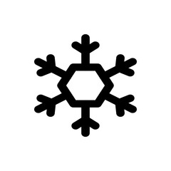 Illustration of a stylized snowflake with six arms and a hexagonal center in a simple black and white design