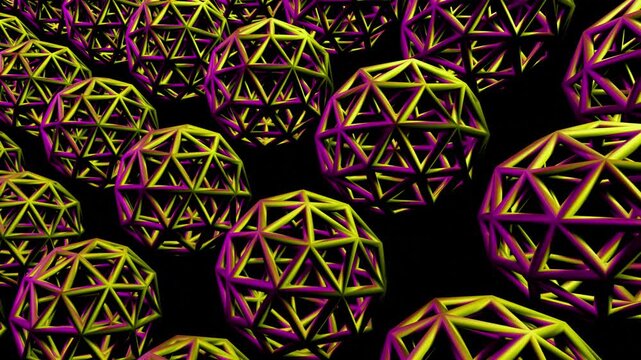 3d animation of wiremesh yellow and purple sphere metal.Captivating green patterns emerge as dynamic light transforms the visual space in an intricate digital display