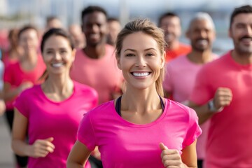 Smiling woman running in breast cancer awareness event