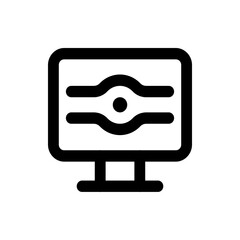 Black and white monitor displaying two curved lines with a circle in the center on a white background