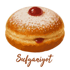 Sufganiyot in watercolor illustration style, isolated vector on white background