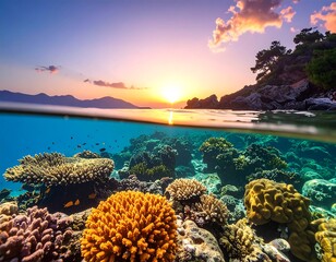 Split view of coral reef and sunset over the ocean landscape