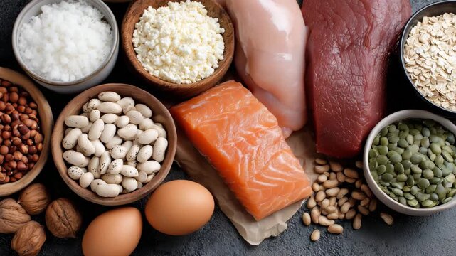 Assortment of protein rich foods including salmon chicken beef eggs cottage cheese beans nuts seeds and grains healthy balanced diet concept