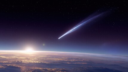 A comet is seen in the sky above a planet. The comet is very bright and is the center of attention. The sky is dark and the stars are visible in the background