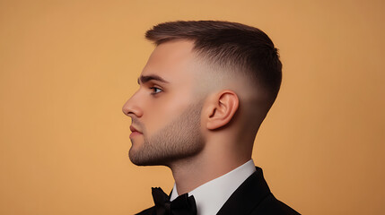 Side profile portrait of a handsome man in a formal suit against a solid backdrop, showcasing his sharp haircut and strong facial features. The image exudes sophistication.
