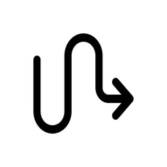 A winding arrow pointing to the right with a curved path and rounded edges in a simple black design style