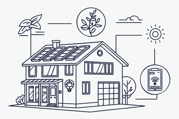 Naklejka premium Design a vector infographic icon set showing “eco-friendly smart home” features solar roof, vertical garden, home-automation hub, all in a cohesive line-art style