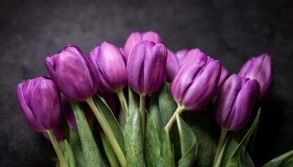 Close Up Bunch Of Purple Tulips N Dark Background