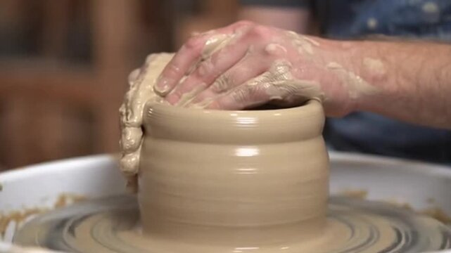 Man shaping clay on pottery wheel during pottery crafting session  