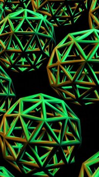 3d animation of wiremesh green sphere metal.Captivating green patterns emerge as dynamic light transforms the visual space in an intricate digital display