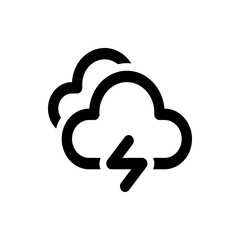 Black and white icon showing two clouds with a lightning bolt indicating a thunderstorm weather condition