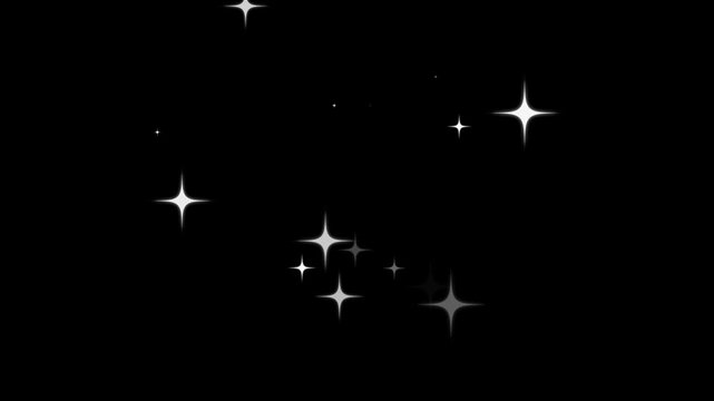 4k Twinkling stars and glowing sparkles, cartoon vector doodle animation with black background. white light particles blink on green screen with sparkle effect, magic sparkles glitter stars glowing.