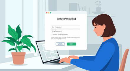 Woman resetting password on laptop with secure authentication prompt in modern workspace, focusing on cybersecurity and data protection for peace of mind