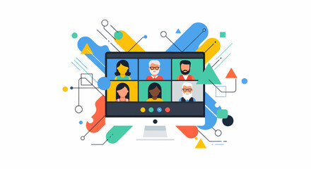 Connect globally with a virtual team meeting on a modern desktop, showcasing diverse faces and dynamic geometric shapes for a vibrant, professional feel