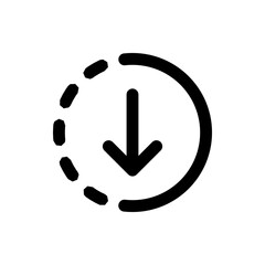 Arrow pointing down inside a partially dotted circle indicating download or progress in black and white color