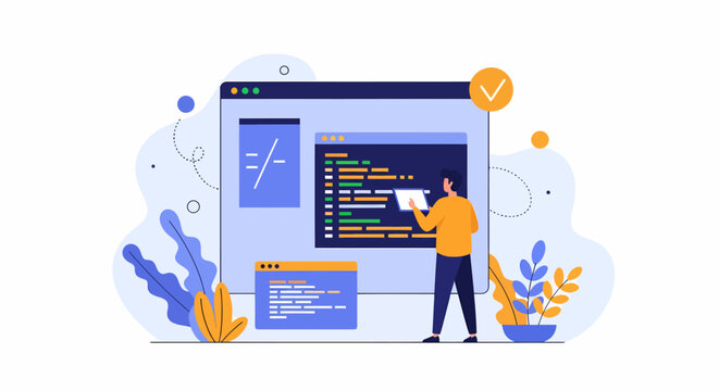 Professional developer creating innovative software with tablet, modern design, clean interface, vibrant coding, and a seamless user experience