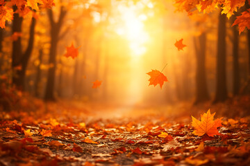 Autumn leaves falling in a forest with sunlight shining
