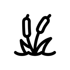 Illustration of two cattails with leaves growing from water in a simple black outline style drawing design