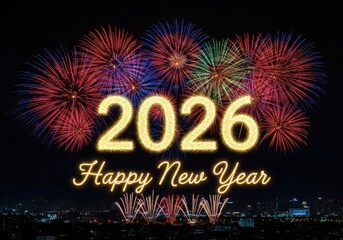 Celebrate 2026 happy new year with vibrant fireworks and city lights a dazzling spectacle