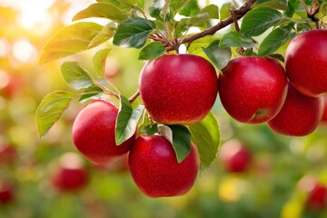 Obraz premium Red apples hanging on tree branch in orchard