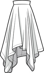 High-low skirt sketch, asymmetrical hemline, fashion flat, flowing silhouette, technical drawing, garment design, vector illustration, apparel template, stylish concept