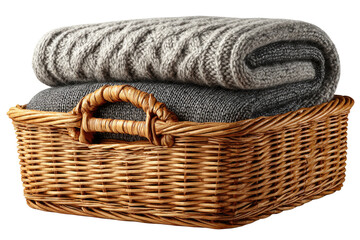 Obraz premium Knitted blankets neatly stacked in a wicker basket