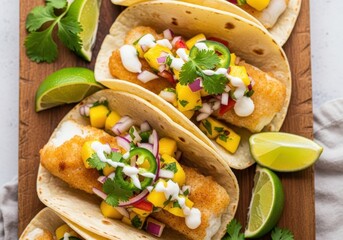 Delicious fish tacos with fresh mango salsa and jalapeños served on a wooden board