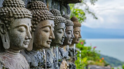Fototapeta premium Buddha statues made of stone surrounded by water droplets are located near the ocean