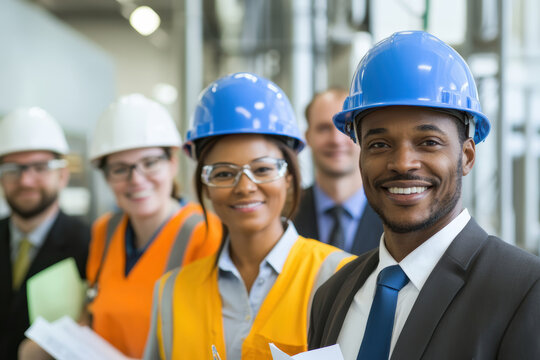 Construction team collaborating in safety helmets at job site during daylight