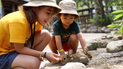 Children feeding rabbits in a serene outdoor setting with greenery and a wooden structure in the background