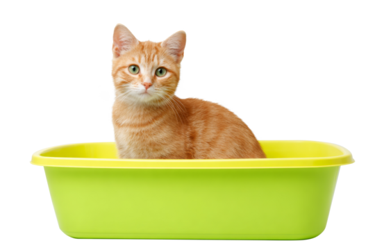 Orange tabby cat sitting in bright green litter box isolated on transparent background