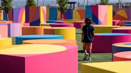 A child exploring a vibrant outdoor art installation filled with colorful geometric shapes and patterns