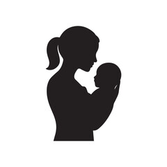 A black vector silhouette of a mother and baby profile shows the love of a woman and child