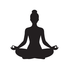 Black vector silhouette illustration of a woman in a meditating lotus yoga pose for relaxation and peace