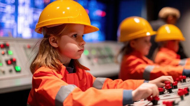 Young children in bright orange uniforms and helmets engaged in a control room simulation activity