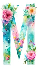 Watercolor letter М soft floral transitions on white background isolated Alphabet.