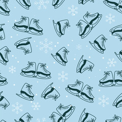 Elegant seamless ice skates pattern with snowflakes on soft blue background perfect for winter themed designs wrapping paper fabric and seasonal decorations