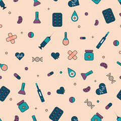 Modern seamless medical background featuring healthcare icons like pills syringe heartbeat DNA and medicine tools ideal for hospitals clinics and pharmaceutical designs