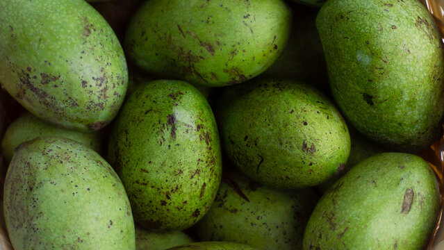 Close-up texture of raw green mangoes with dark spots, piled high in a bamboo basket. Full-frame background for tropical harvest, healthy food, and exotic fruit recipes.
